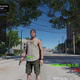 This leaked screenshot, reportedly of Grand Theft Auto VI, shows one of the game’s main playable characters walking down a street, armed with a handgun. The coloured text and warning messages suggest this is an in-development screenshot.
